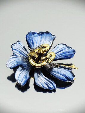ALEXIS BITTAR Gold Plated Blue Glossy Lucite Pyrite & Crystals Snake Brooch/Pin